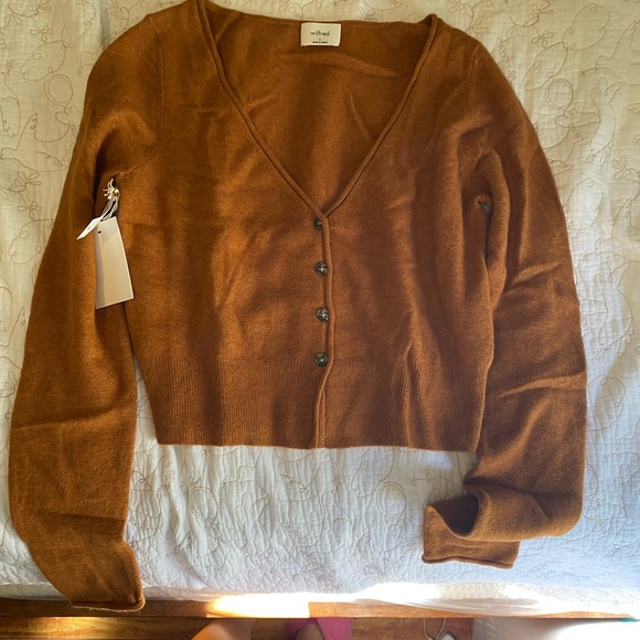 Aritzia Wilfred Santorini Chestnut V-Neck Cardigan—Cashmere Blend